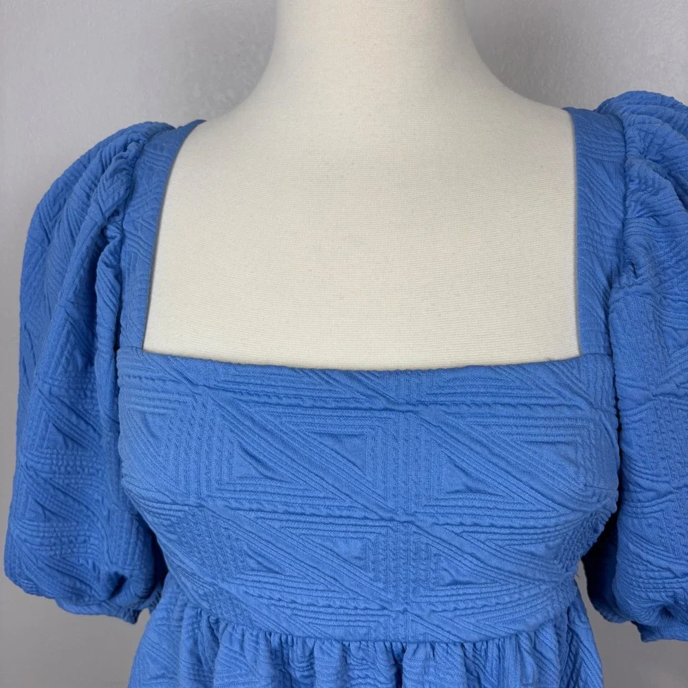 Free People Violet Puff Sleeve Mini Dress Blue Babydoll Textured‎ Matelasse Knit